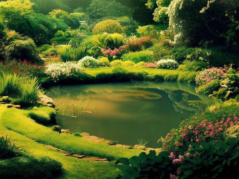 koi pond surrounded by greenery