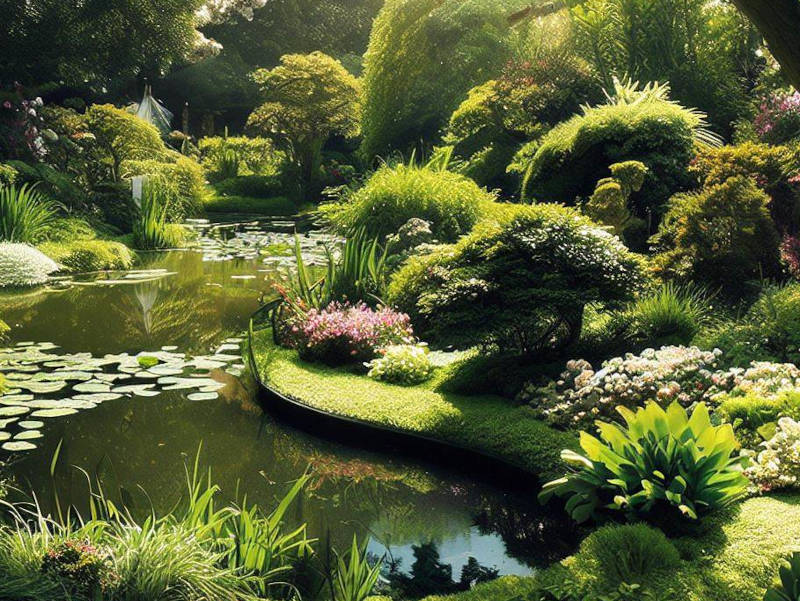 tropical garden with pond