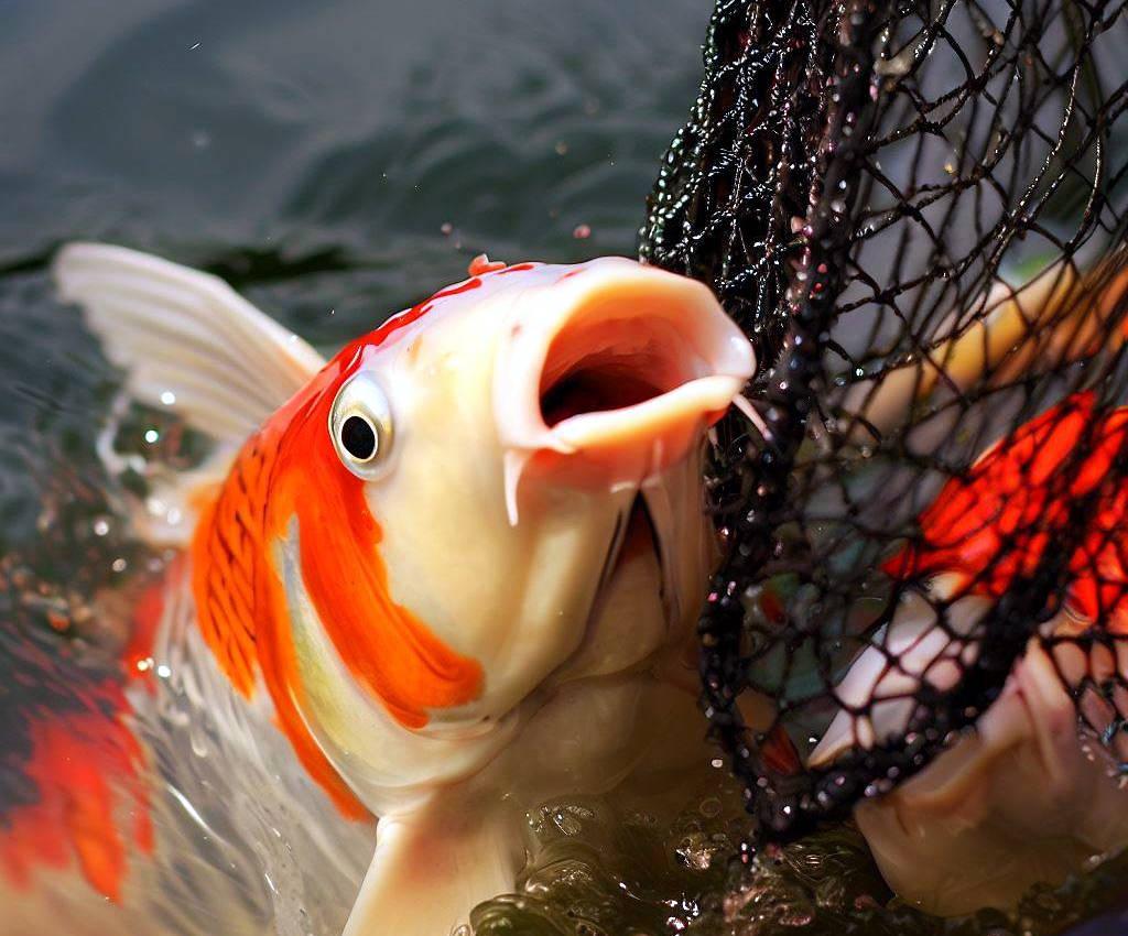 Koi fish being caught by a net.